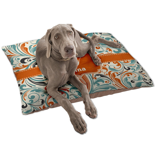 Custom Orange & Blue Leafy Swirls Dog Bed - Large w/ Name and Initial