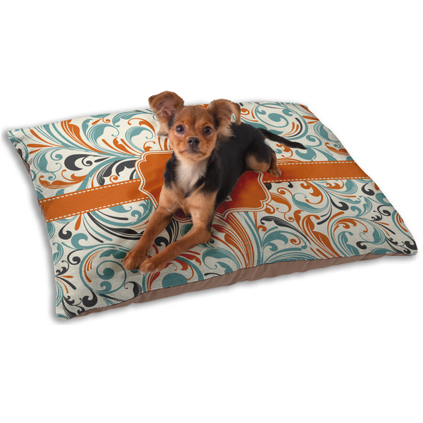 Custom Orange & Blue Leafy Swirls Dog Bed - Small w/ Name and Initial