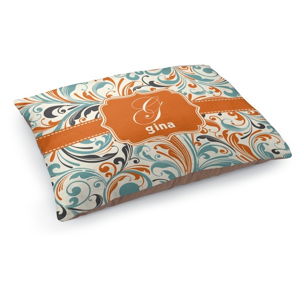 Custom Orange & Blue Leafy Swirls Dog Bed - Medium w/ Name and Initial