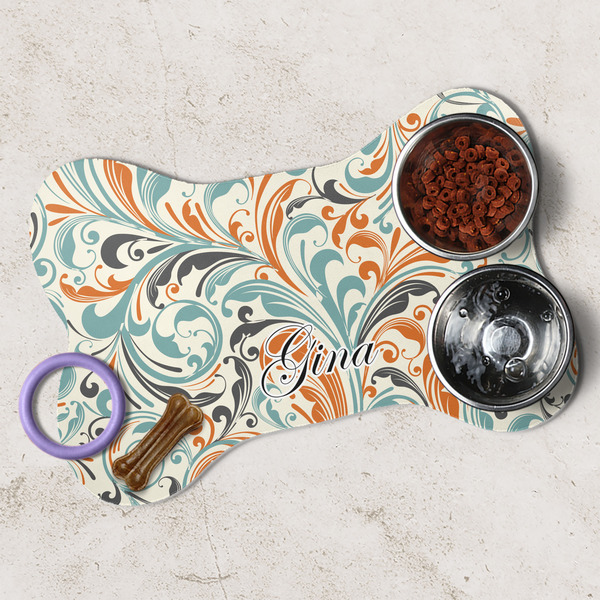 Orange & Blue Leafy Swirls Dog Bone Shaped Mat Lifestyle