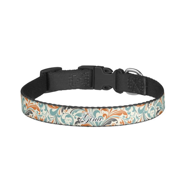 Custom Orange & Blue Leafy Swirls Dog Collar - Small (Personalized)