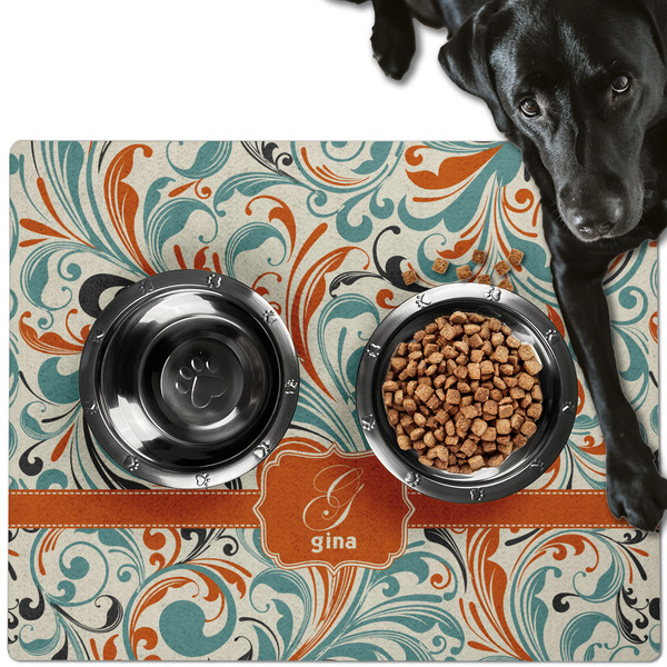 Orange & Blue Leafy Swirls Dog Food Mat - Large LIFESTYLE