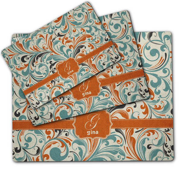 Orange & Blue Leafy Swirls Dog Food Mat - MAIN (sm, med, lrg)