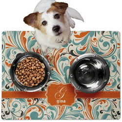 Orange & Blue Leafy Swirls Dog Food Mat - Medium w/ Name and Initial