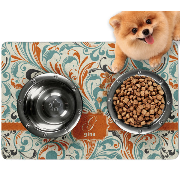 Custom Orange & Blue Leafy Swirls Dog Food Mat - Small w/ Name and Initial