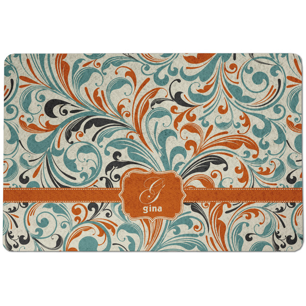 Custom Orange & Blue Leafy Swirls Dog Food Mat w/ Name and Initial