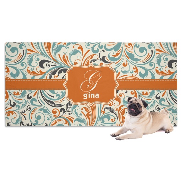 Custom Orange & Blue Leafy Swirls Dog Towel (Personalized)