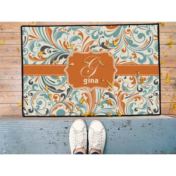 Orange & Blue Leafy Swirls Door Mat - LIFESTYLE (Med)