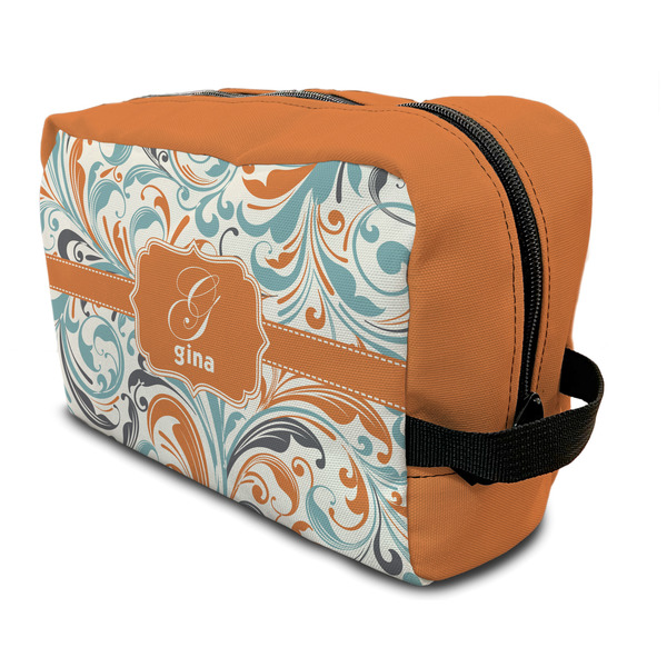 Custom Orange & Blue Leafy Swirls Toiletry Bag / Dopp Kit (Personalized)