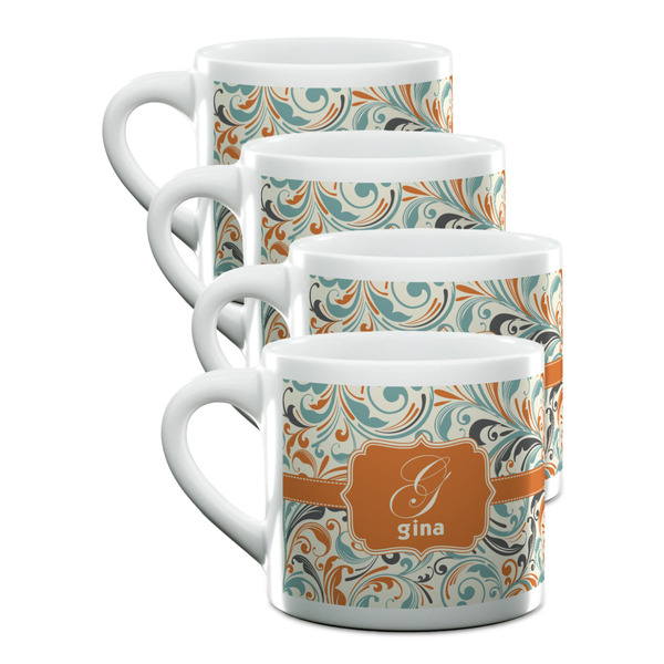 Custom Orange & Blue Leafy Swirls Double Shot Espresso Cups - Set of 4 (Personalized)