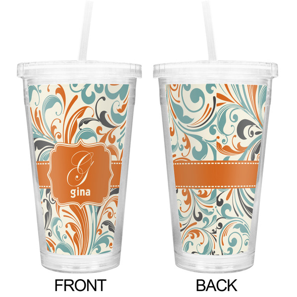 Orange & Blue Leafy Swirls Double Wall Tumbler with Straw - Approval