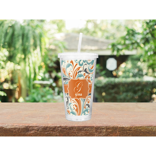 Orange & Blue Leafy Swirls Double Wall Tumbler with Straw Lifestyle