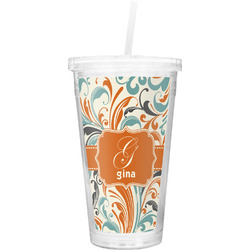 Orange & Blue Leafy Swirls Double Wall Tumbler with Straw (Personalized)