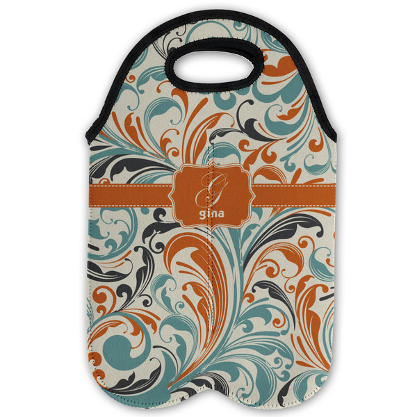 Orange & Blue Leafy Swirls Double Wine Tote - Flat (new)