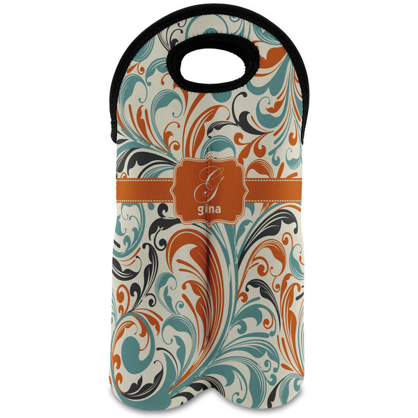 Custom Orange & Blue Leafy Swirls Wine Tote Bag (2 Bottles) (Personalized)