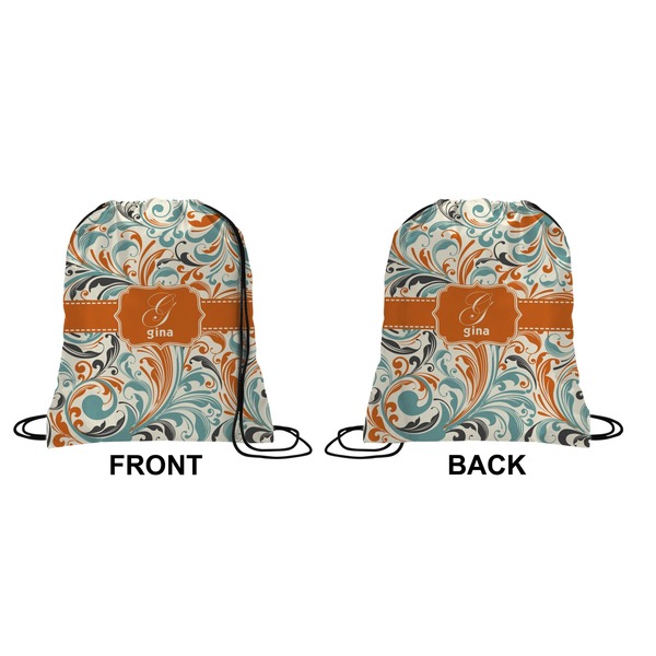 Orange & Blue Leafy Swirls Drawstring Backpack Front & Back Small