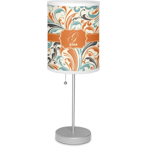 Custom Orange & Blue Leafy Swirls Lamp with Drum Shade (Personalized)