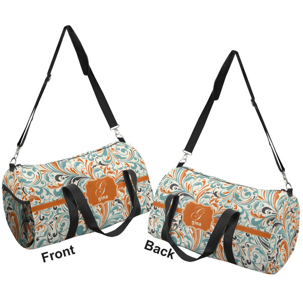 Orange & Blue Leafy Swirls Duffle bag large front and back sides