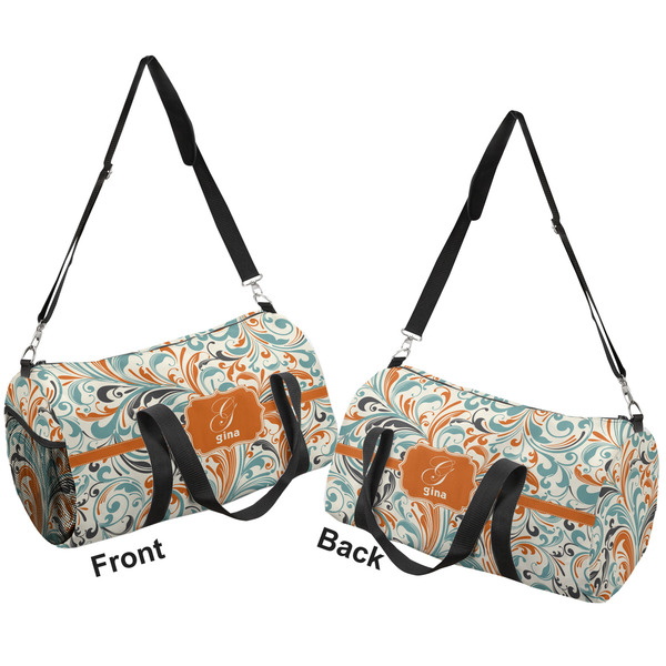Orange & Blue Leafy Swirls Duffle bag small front and back sides