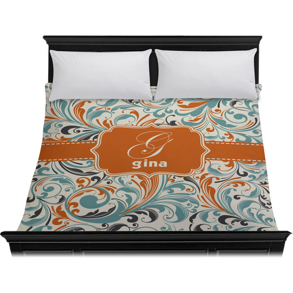 Orange & Blue Leafy Swirls Duvet Cover - King - On Bed - No Prop