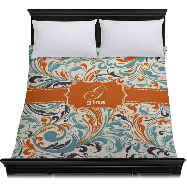 Orange & Blue Leafy Swirls Duvet Cover - Queen - On Bed - No Prop