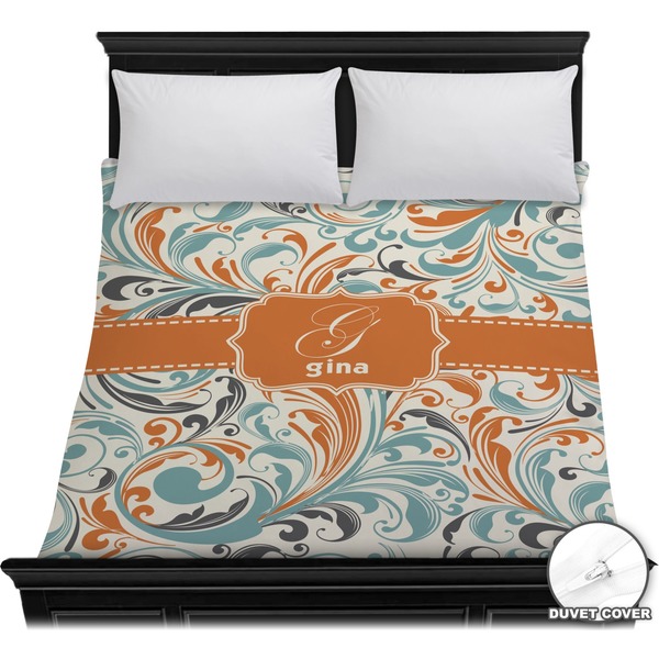 Custom Orange & Blue Leafy Swirls Duvet Cover - Full / Queen (Personalized)
