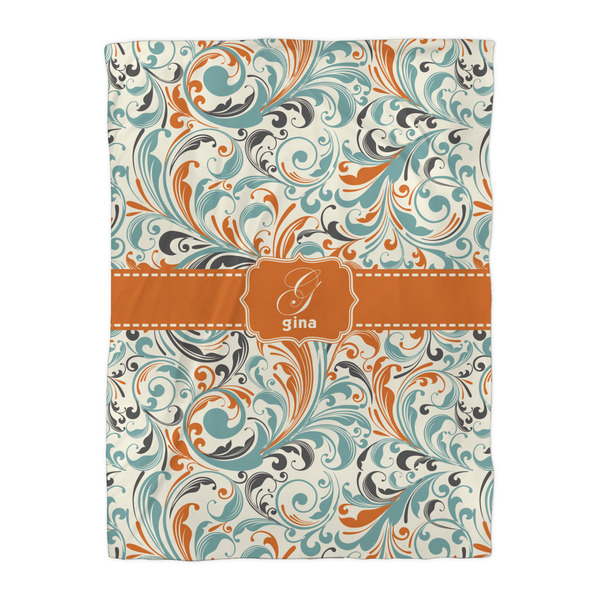 Orange & Blue Leafy Swirls Duvet Cover - Twin XL - Front