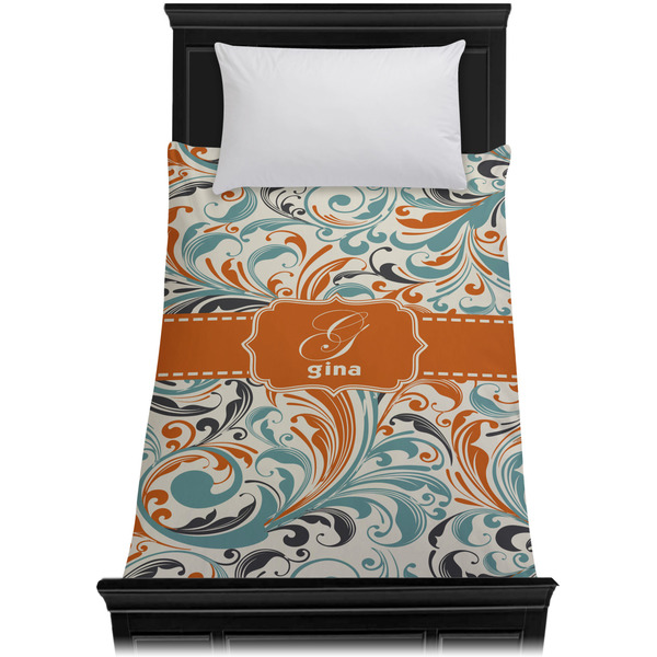 Orange & Blue Leafy Swirls Duvet Cover - Twin XL - On Bed - No Prop