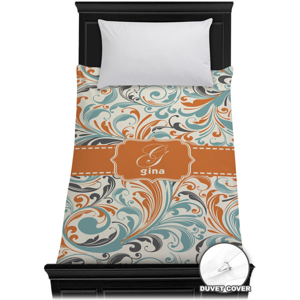 Custom Orange & Blue Leafy Swirls Duvet Cover - Twin XL (Personalized)