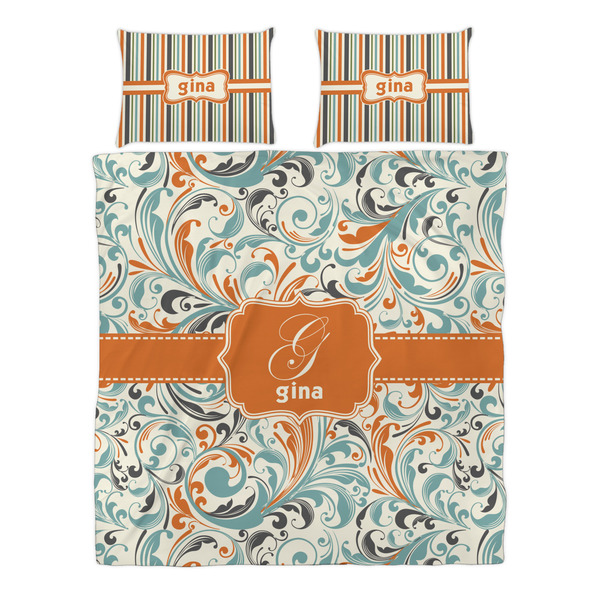 Orange & Blue Leafy Swirls Duvet cover Set - Queen - Alt Approval