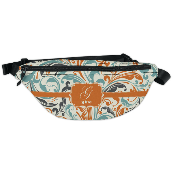 Custom Orange & Blue Leafy Swirls Fanny Pack - Classic Style (Personalized)