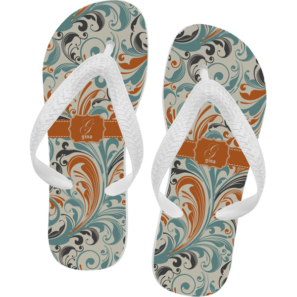 Custom Orange & Blue Leafy Swirls Flip Flops - Small (Personalized)