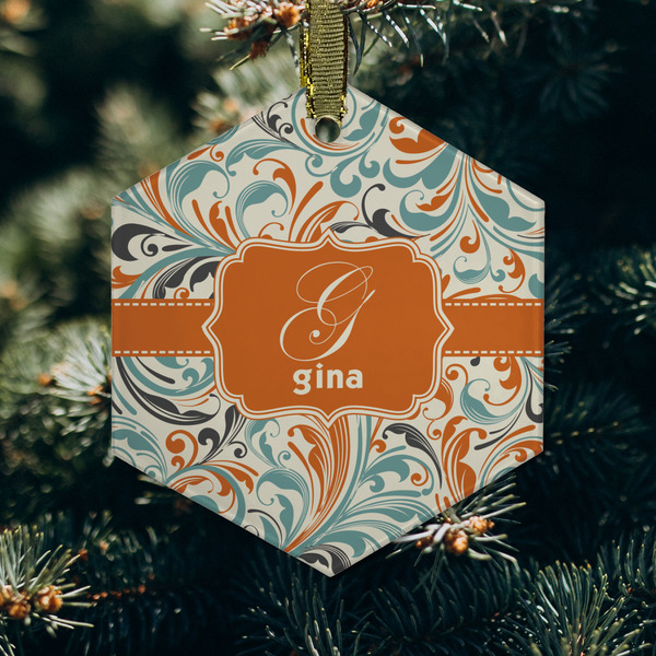 Orange & Blue Leafy Swirls Frosted Glass Ornament - Hexagon (Lifestyle)