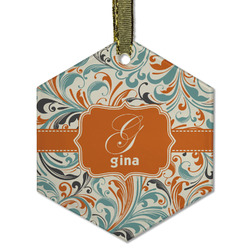 Orange & Blue Leafy Swirls Flat Glass Ornament - Hexagon w/ Name and Initial