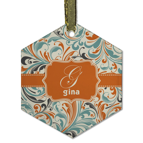 Custom Orange & Blue Leafy Swirls Flat Glass Ornament - Hexagon w/ Name and Initial