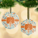 Orange & Blue Leafy Swirls Flat Glass Ornament w/ Name and Initial