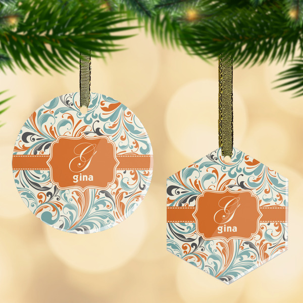 Custom Orange & Blue Leafy Swirls Flat Glass Ornament w/ Name and Initial