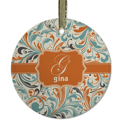 Orange & Blue Leafy Swirls Flat Glass Ornament - Round w/ Name and Initial