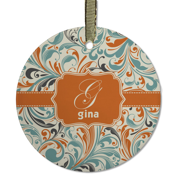 Custom Orange & Blue Leafy Swirls Flat Glass Ornament - Round w/ Name and Initial