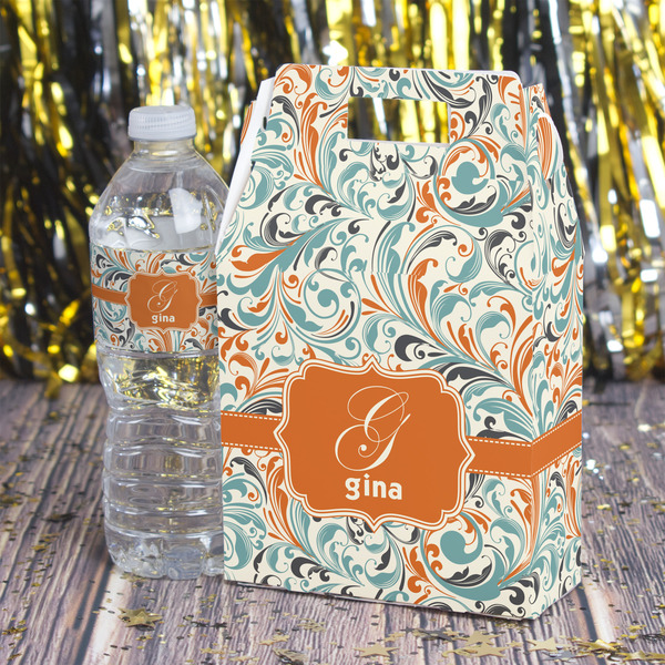 Orange & Blue Leafy Swirls Gable Favor Box - In Context