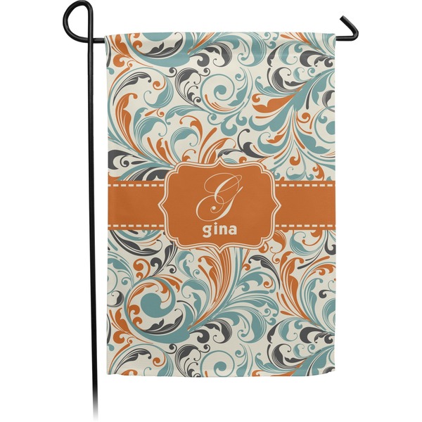 Custom Orange & Blue Leafy Swirls Small Garden Flag - Double Sided w/ Name and Initial