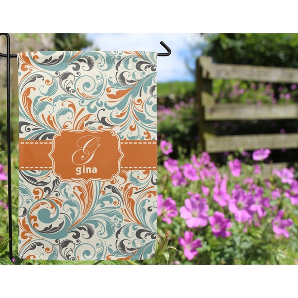 Orange & Blue Leafy Swirls Garden Flag - Outside In Flowers