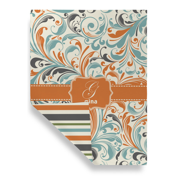 Orange & Blue Leafy Swirls Garden Flags - Large - Double Sided - FRONT FOLDED