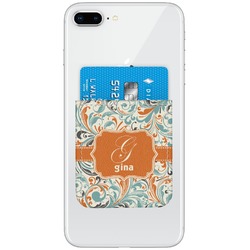 Orange & Blue Leafy Swirls Genuine Leather Adhesive Phone Wallet (Personalized)