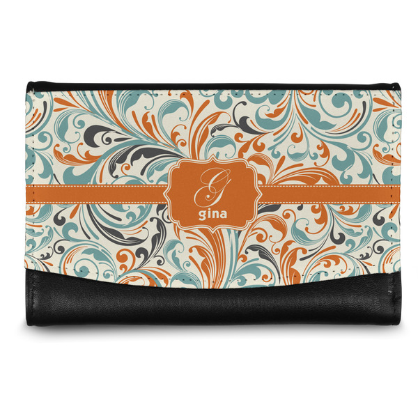 Custom Orange & Blue Leafy Swirls Genuine Leather Women's Wallet - Small (Personalized)