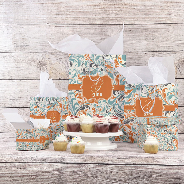 Orange & Blue Leafy Swirls Gift Bags - In Context