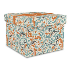 Orange & Blue Leafy Swirls Gift Box with Lid - Canvas Wrapped - Large (Personalized)
