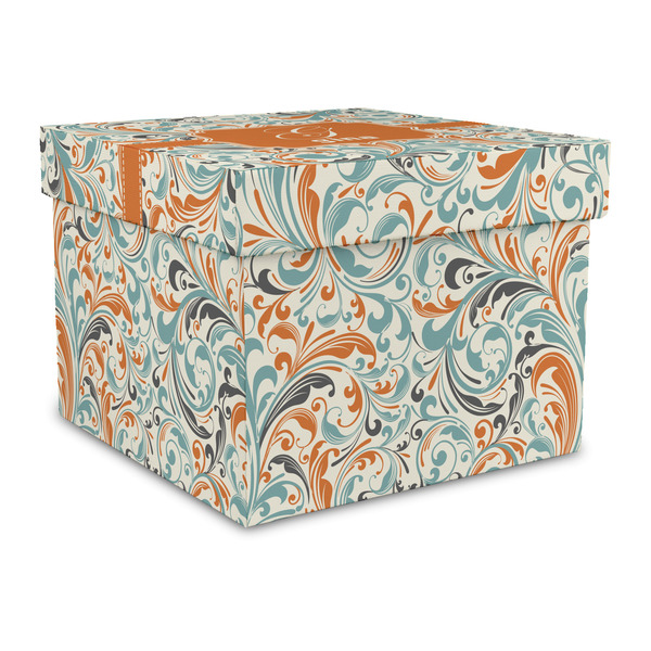 Custom Orange & Blue Leafy Swirls Gift Box with Lid - Canvas Wrapped - Large (Personalized)