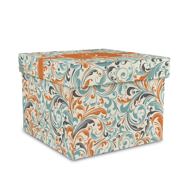 Custom Orange & Blue Leafy Swirls Gift Box with Lid - Canvas Wrapped - Medium (Personalized)
