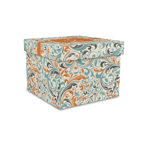 Custom Orange & Blue Leafy Swirls Gift Box with Lid - Canvas Wrapped - Small (Personalized)